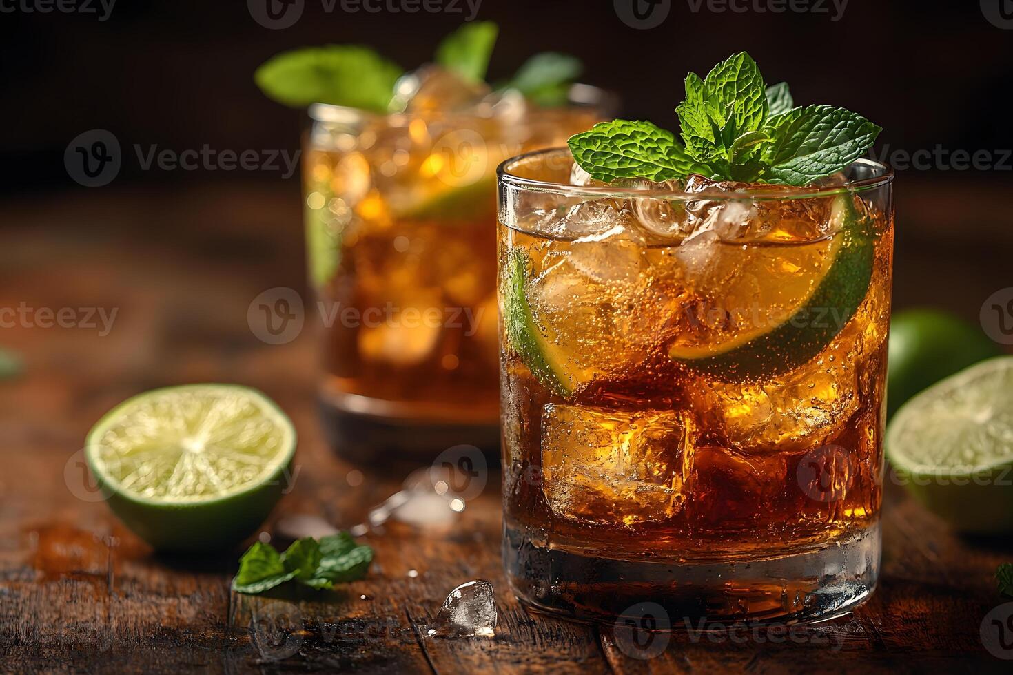 Refreshing Summer Cocktail with Mint and Lime on Rustic Wooden Table photo