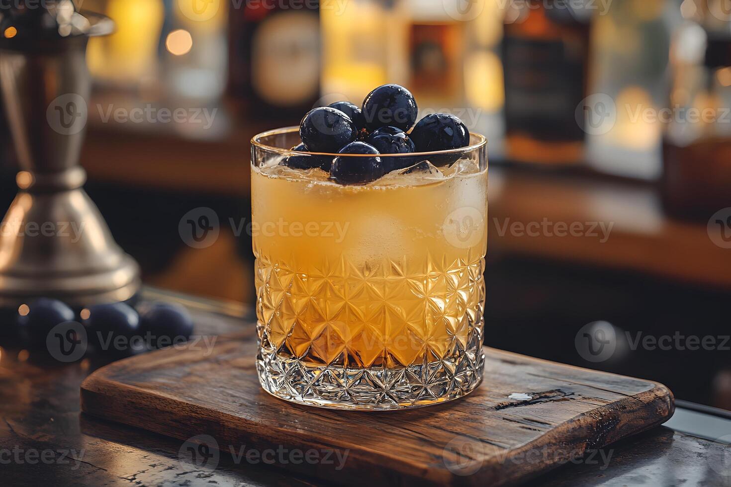 Refreshing Cocktail with Blueberries on Rustic Wooden Board in Elegant Bar Setting photo