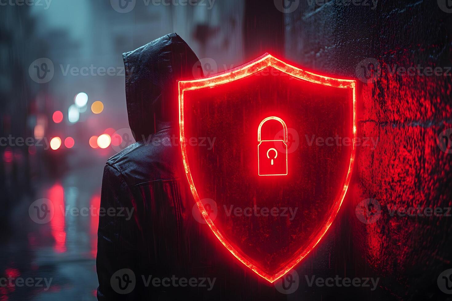 Cybersecurity Concept - Anonymous Figure with Lit Red Shield in Urban Night Scene photo