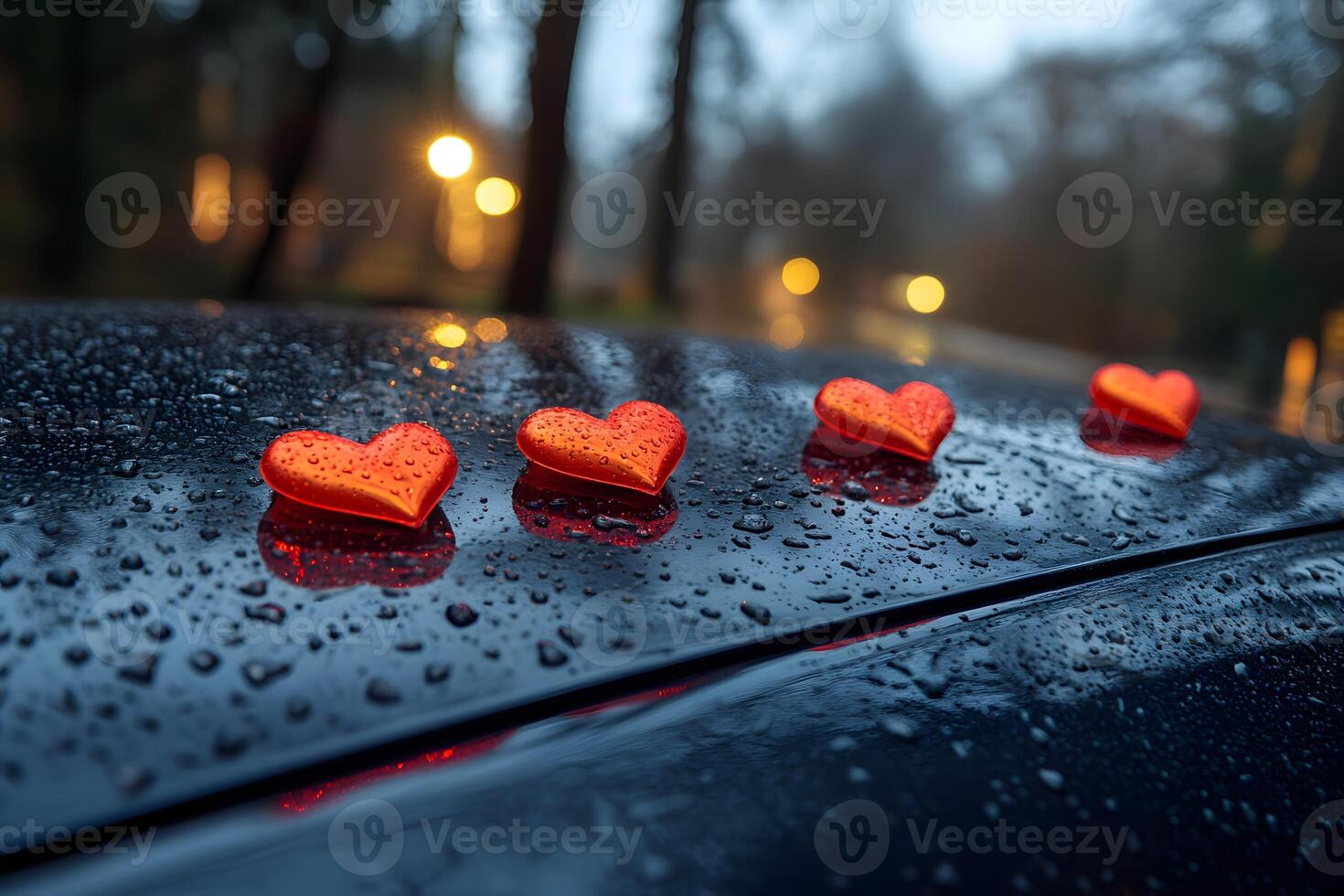 Romantic Hearts on Rainy Car Roof at Night - Valentine's Day Concept for Greeting Cards and Posters photo