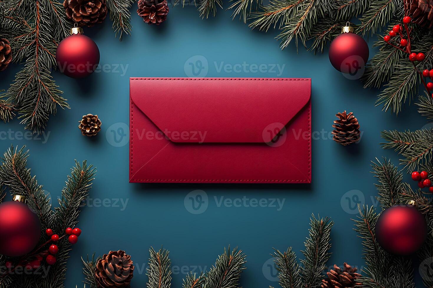 Festive Holiday Greeting Card Design with Red Envelope and Pine Decorations photo