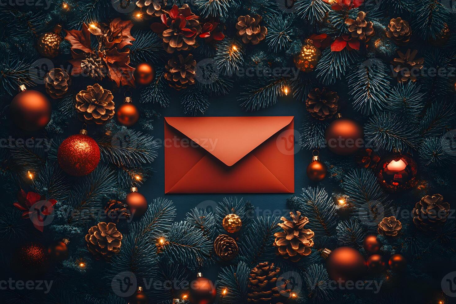 Festive Christmas Greeting Card Design with Red Envelope and Pine Cones photo