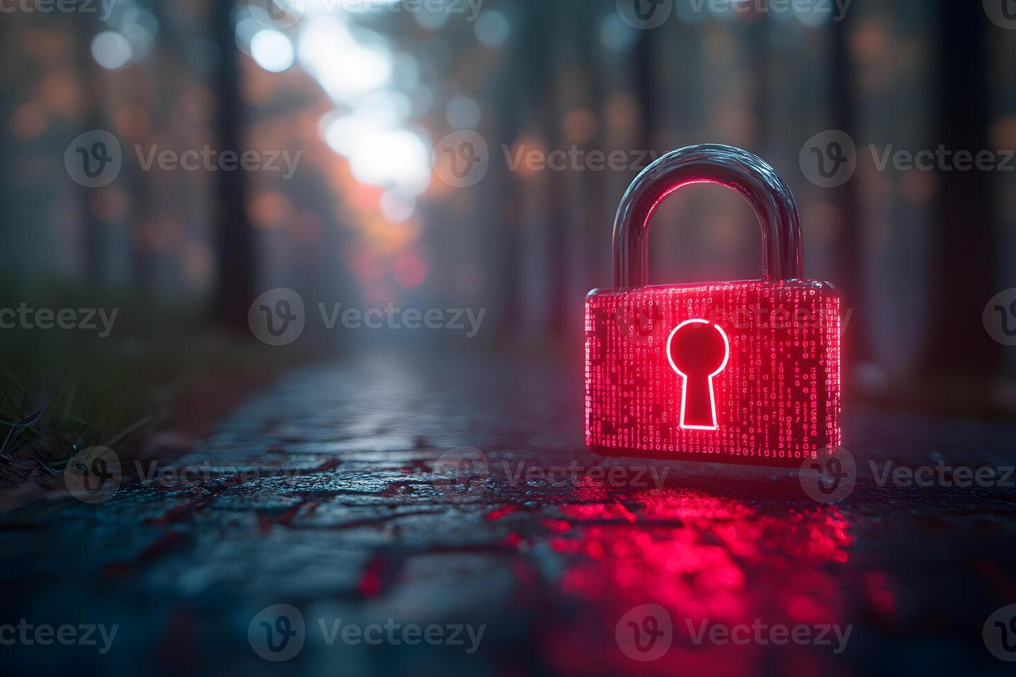 Digital Security Concept Illuminated Lock in Mysterious Forest Pathway Setting photo