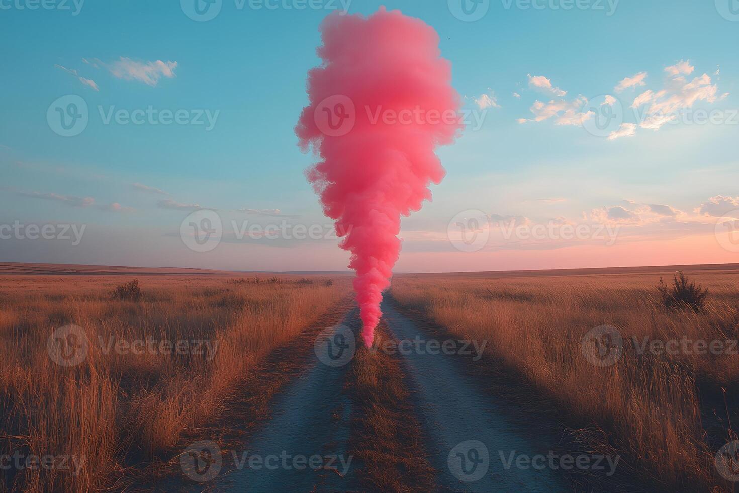 Surreal Pink Smoke in Serene Rural Sunset Landscape for Creative Use photo
