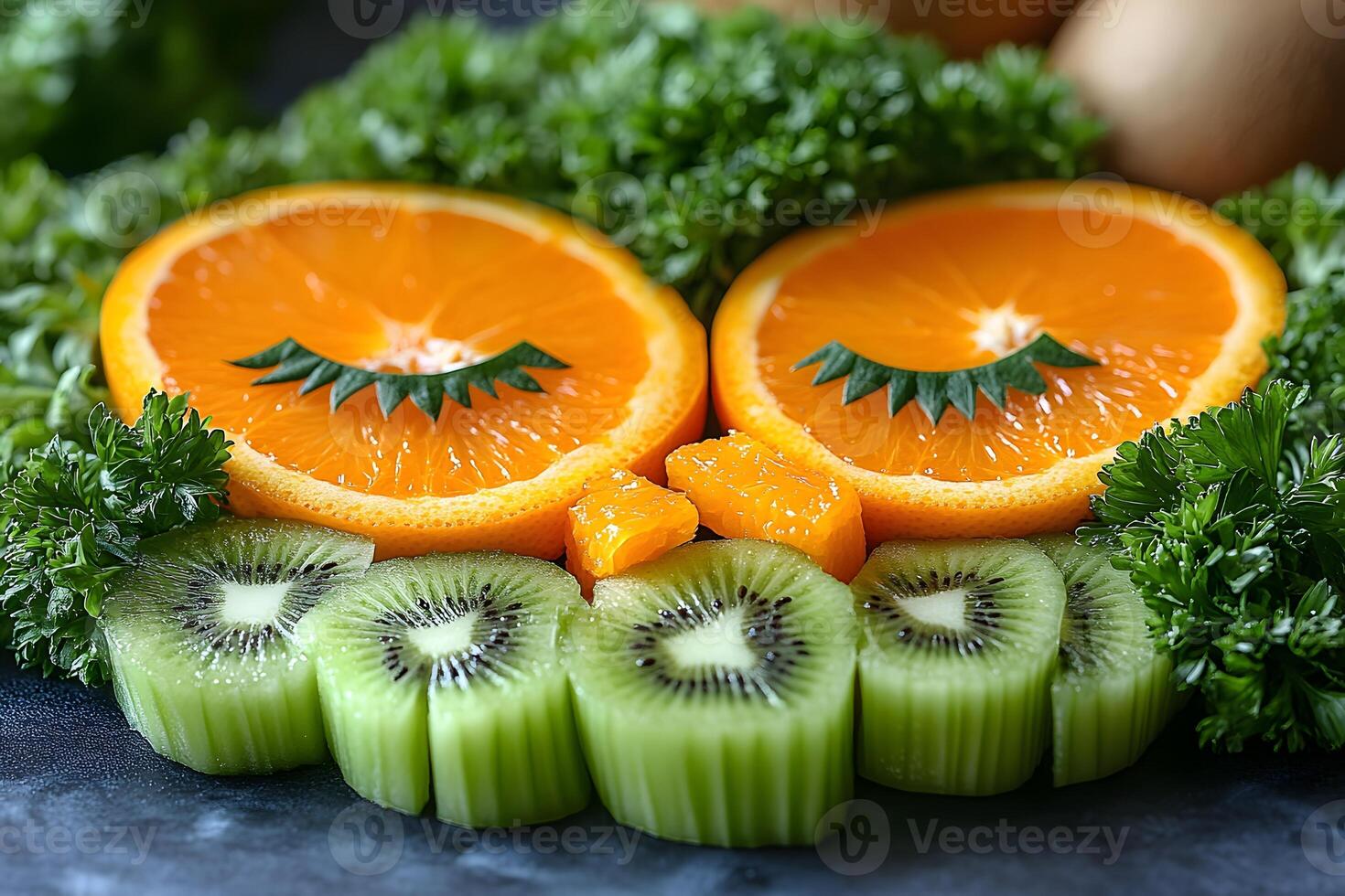 Fresh Citrus and Kiwi Arrangement with Parsley for Healthy Eating Concept photo