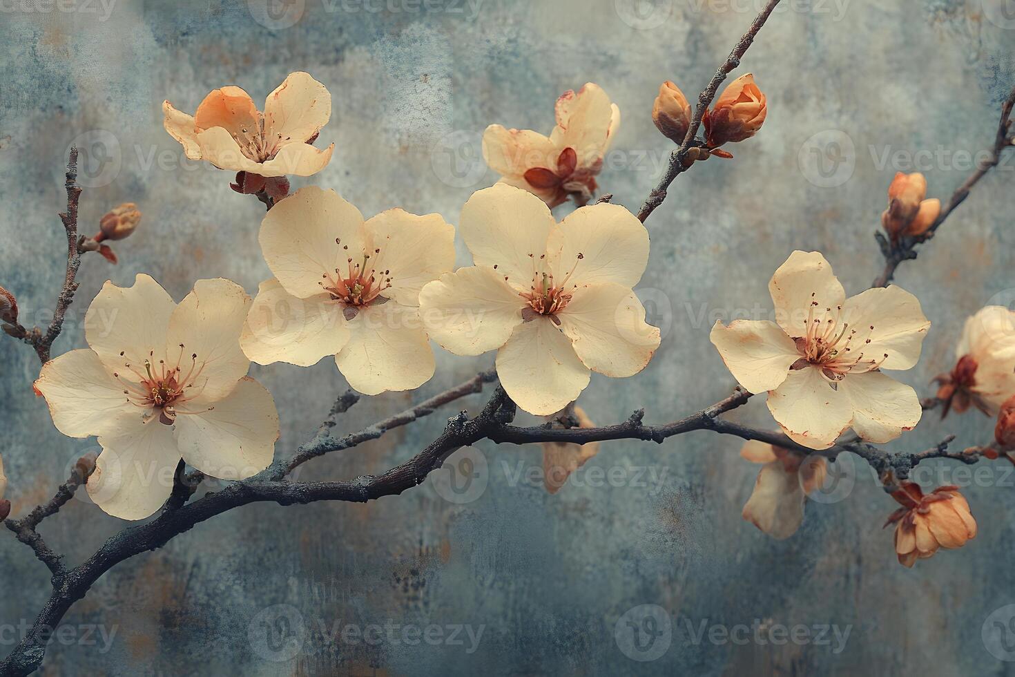 Spring Blossom Branch with Delicate Peach Flowers on Textured Background photo