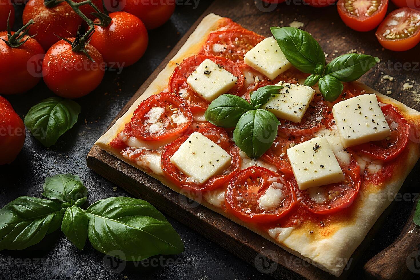 Fresh Caprese-Inspired Flatbread with Tomatoes, Basil, and Cheese for Italian Culinary Designs photo