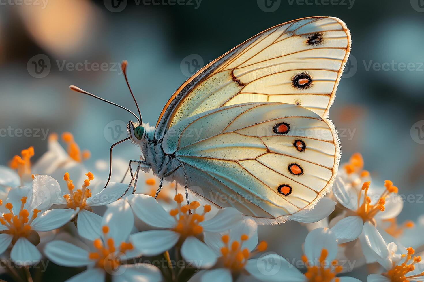 Delicate White Butterfly Resting on Daisies in a Tranquil Garden Setting photo