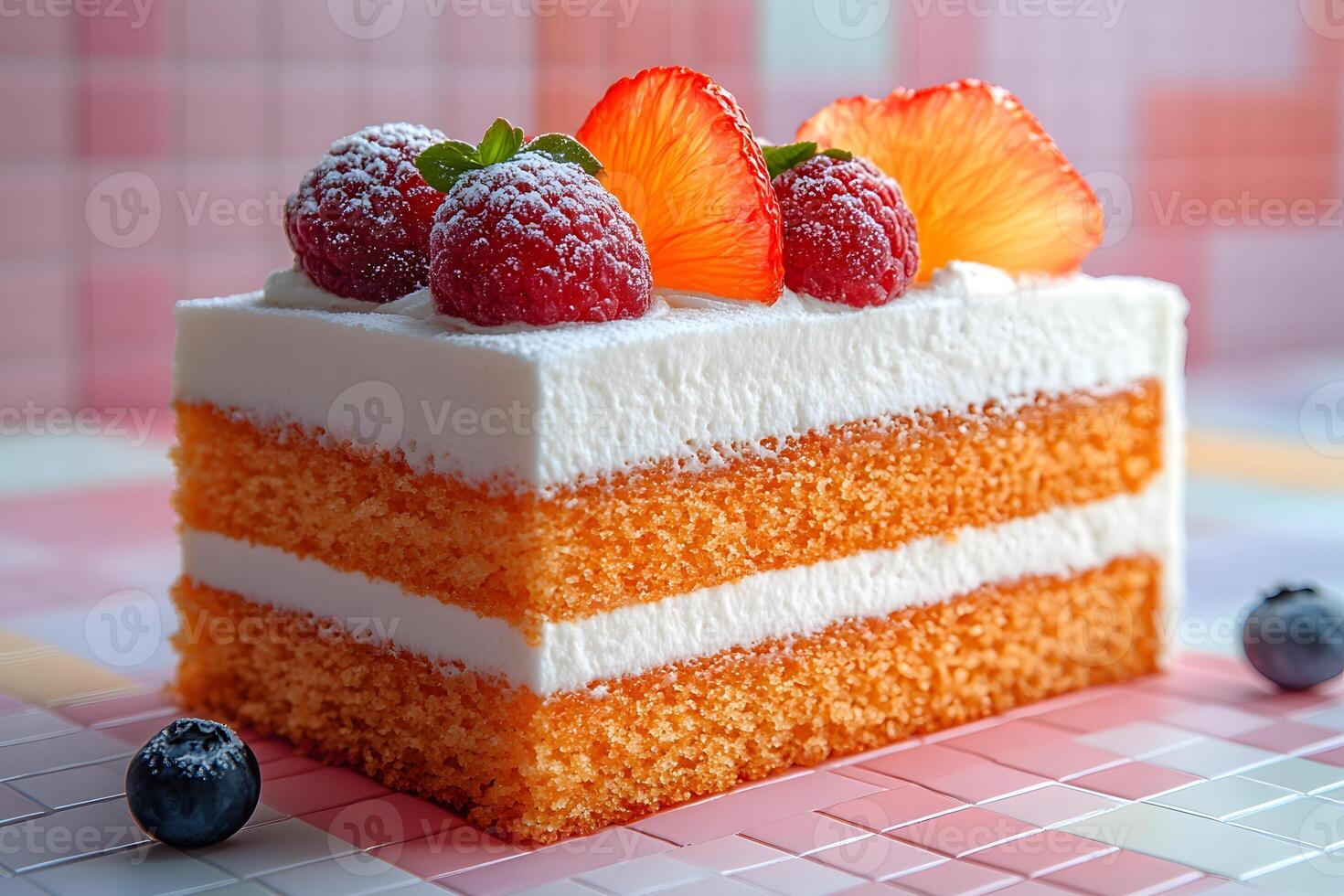 Delicious Slice of Orange Cake with Whipped Cream and Fresh Berries for Dessert or Bakery Display photo