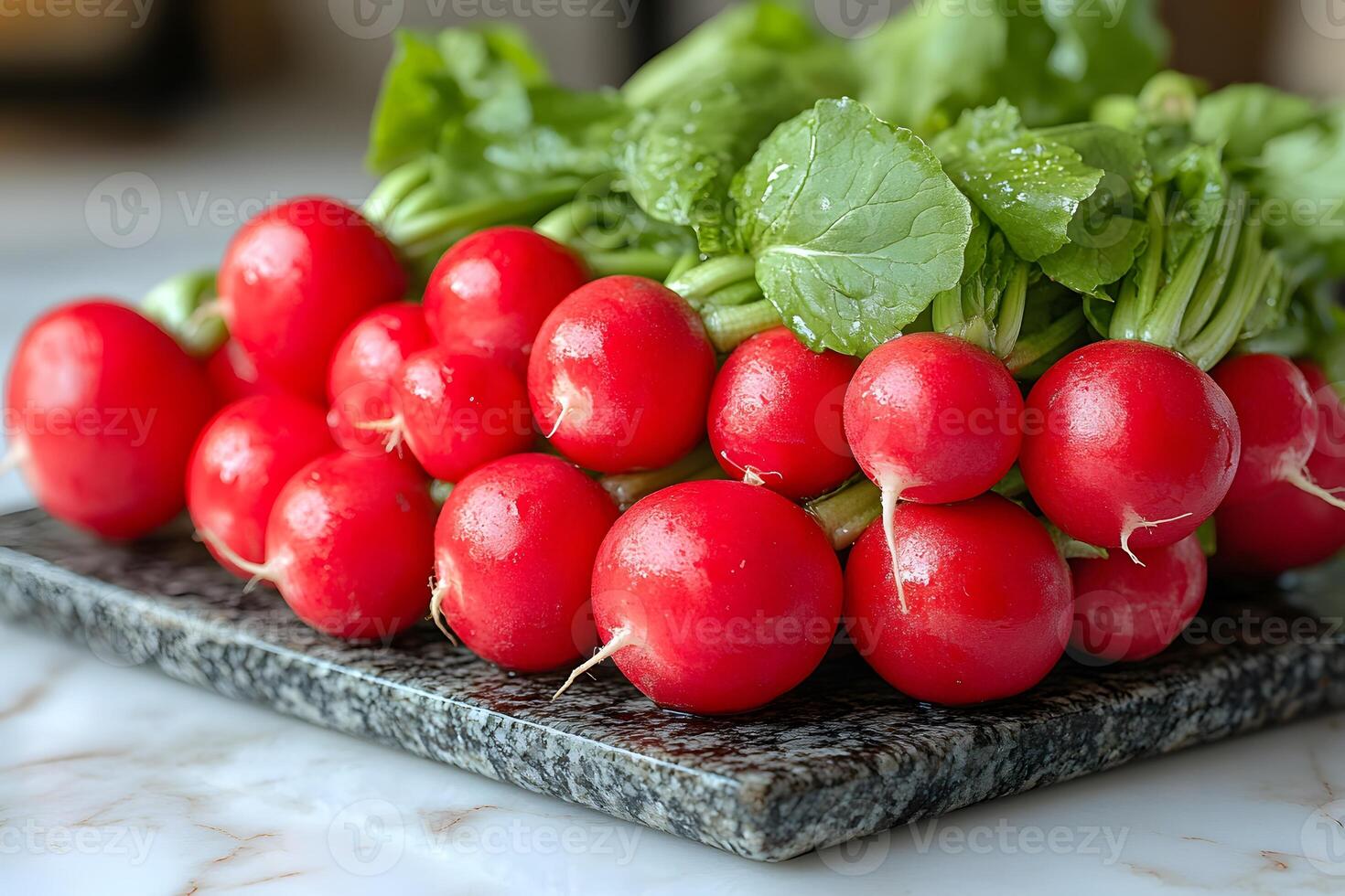 Fresh Red Radishes on Marble Slab for Healthy Organic Cooking photo