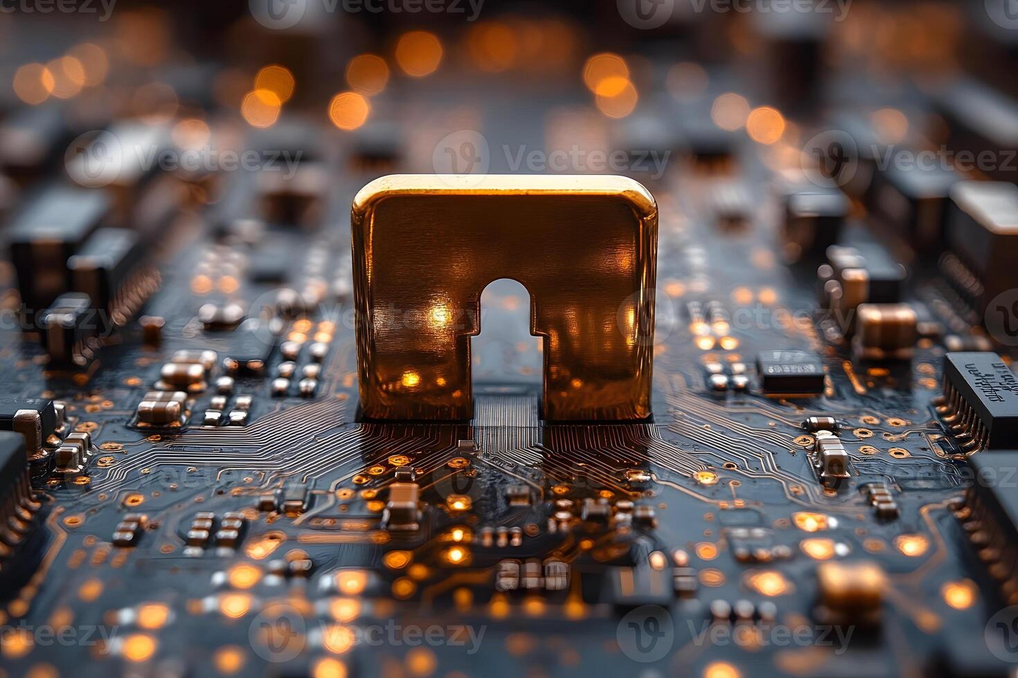 Golden Processor Component on Circuit Board with Glowing Connections for Technology Design photo