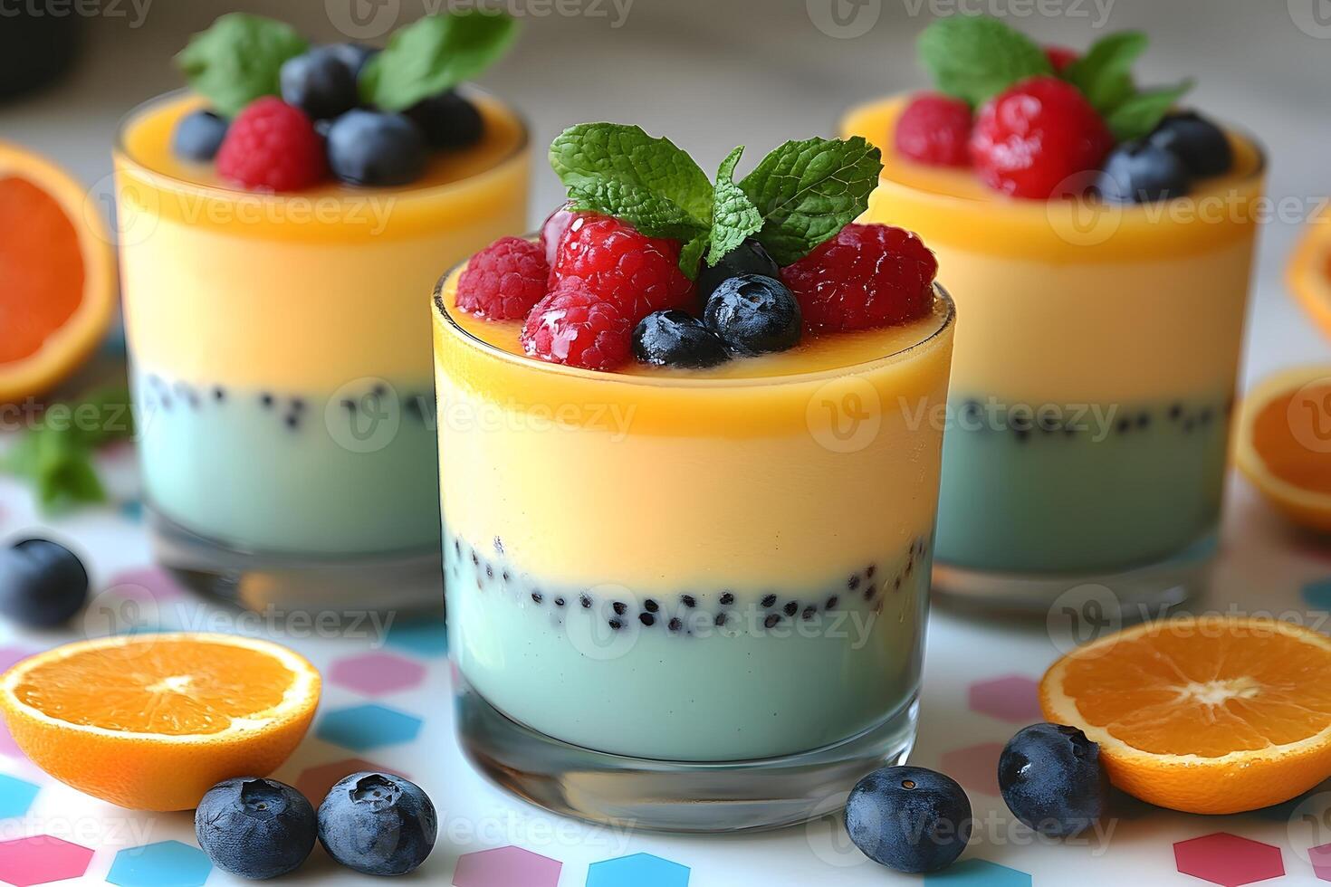 Vibrant Layered Smoothie Glasses with Fresh Berries and Mint for Healthy Summer Refreshment photo