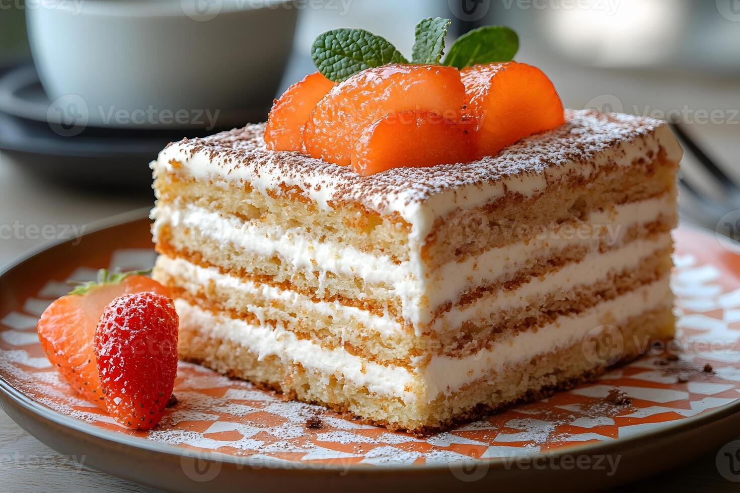 Delicious Layered Tiramisu Dessert with Fresh Apricots and Mint Garnish photo