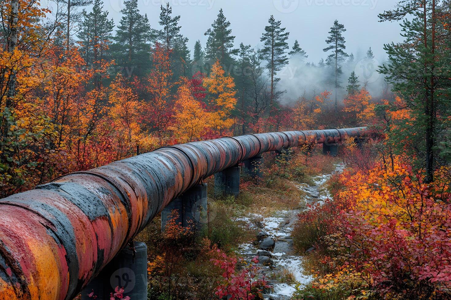 Autumn Pipeline Through Misty Forest - Nature and Industry in Harmony photo
