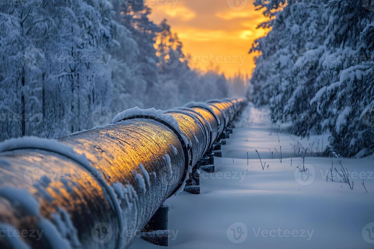 Winter Pipeline Scenery with Sunset Glow in Snowy Forest Landscape photo