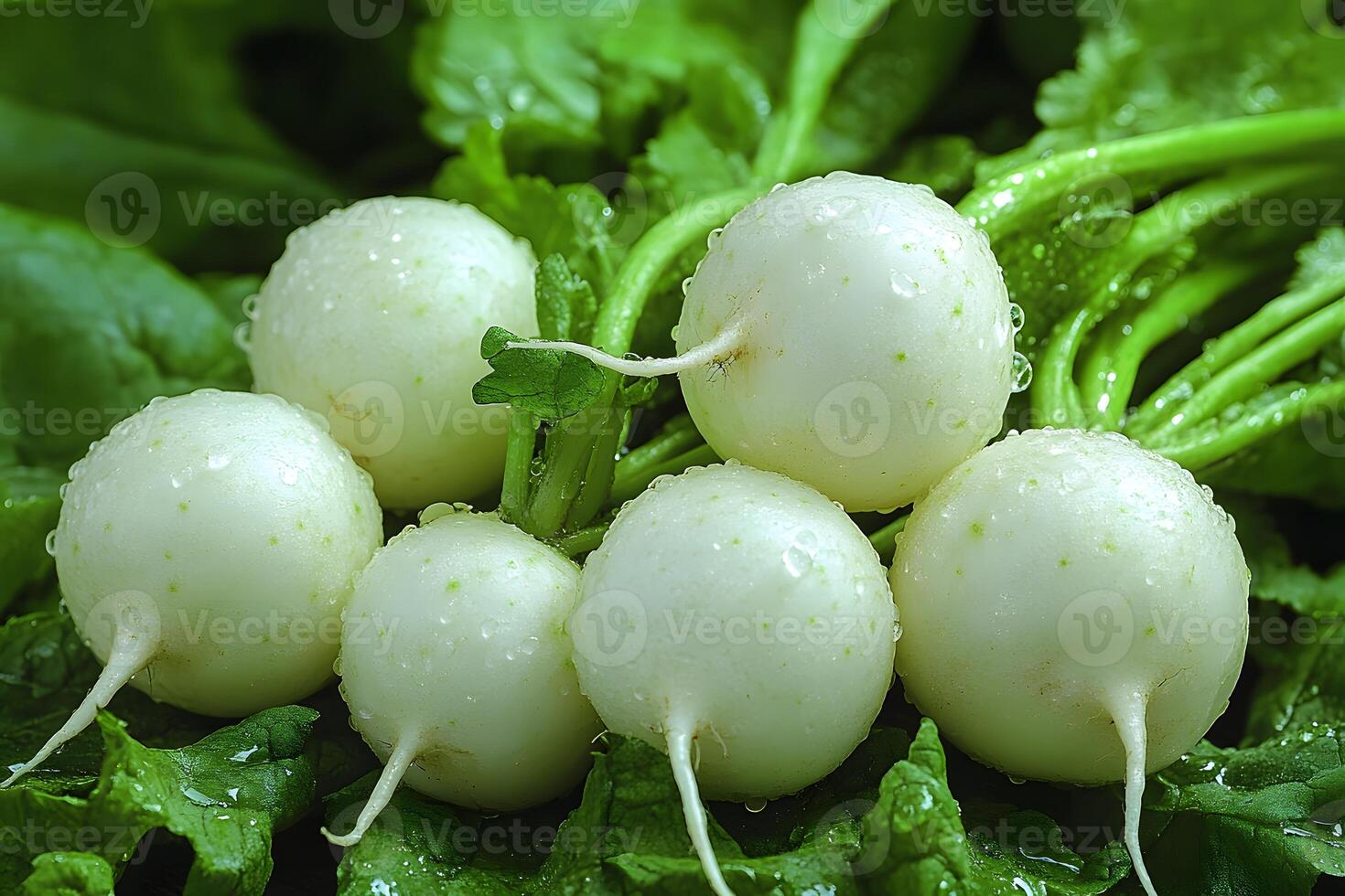 Fresh White Turnips with Dew Drops on Lush Green Leaves for Culinary and Health Concepts photo