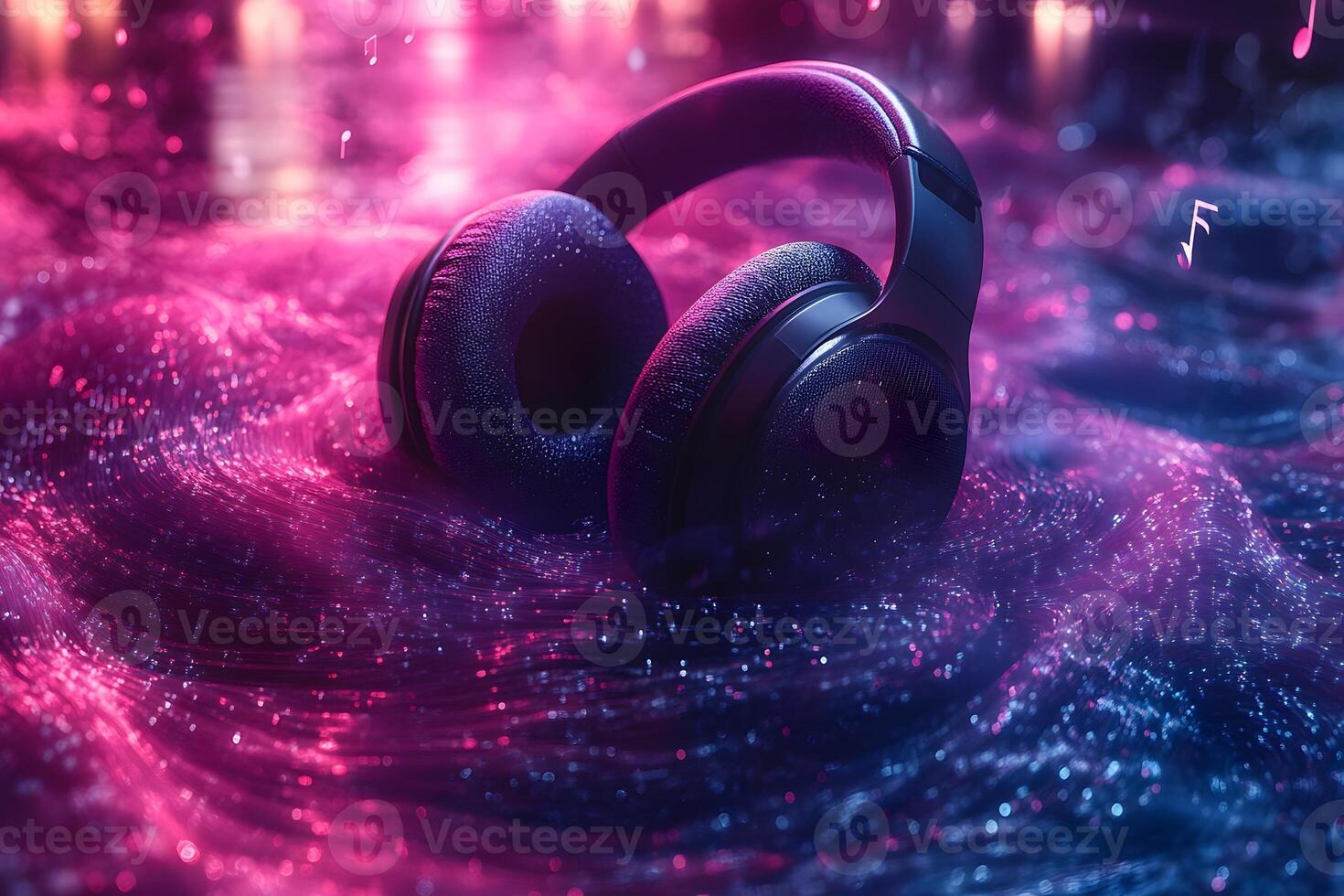 Immersive Music Experience with Headphones and Neon Lights for Digital Art photo