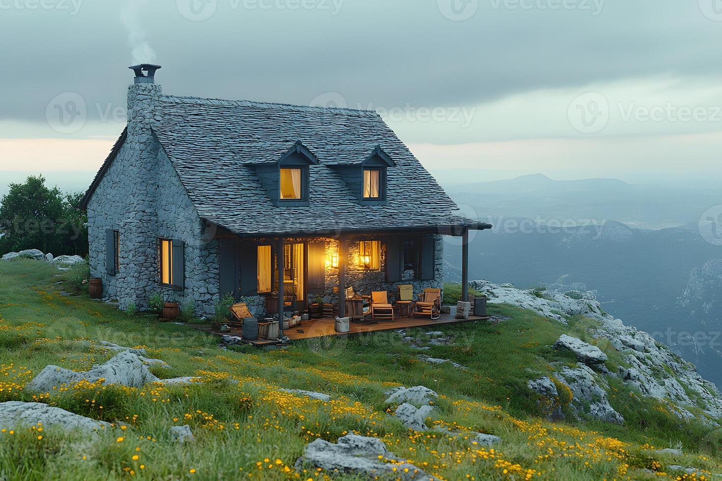 Idyllic Mountain Cabin Retreat with Scenic Floral Meadow and Distant Views photo