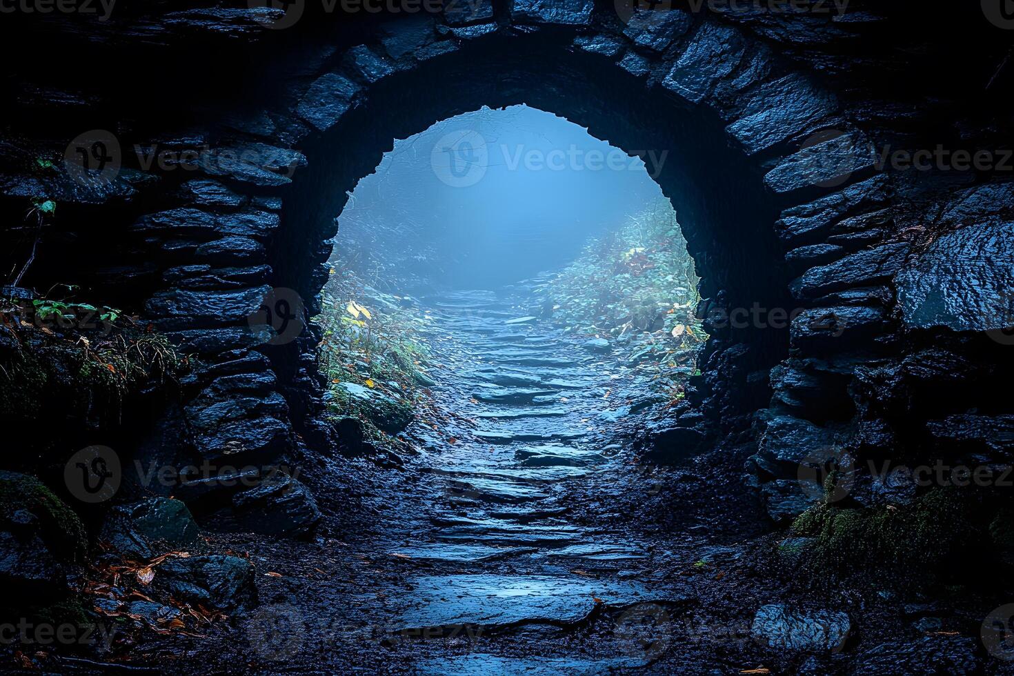 Mysterious Stone Tunnel Leading to Foggy Forest Pathway photo