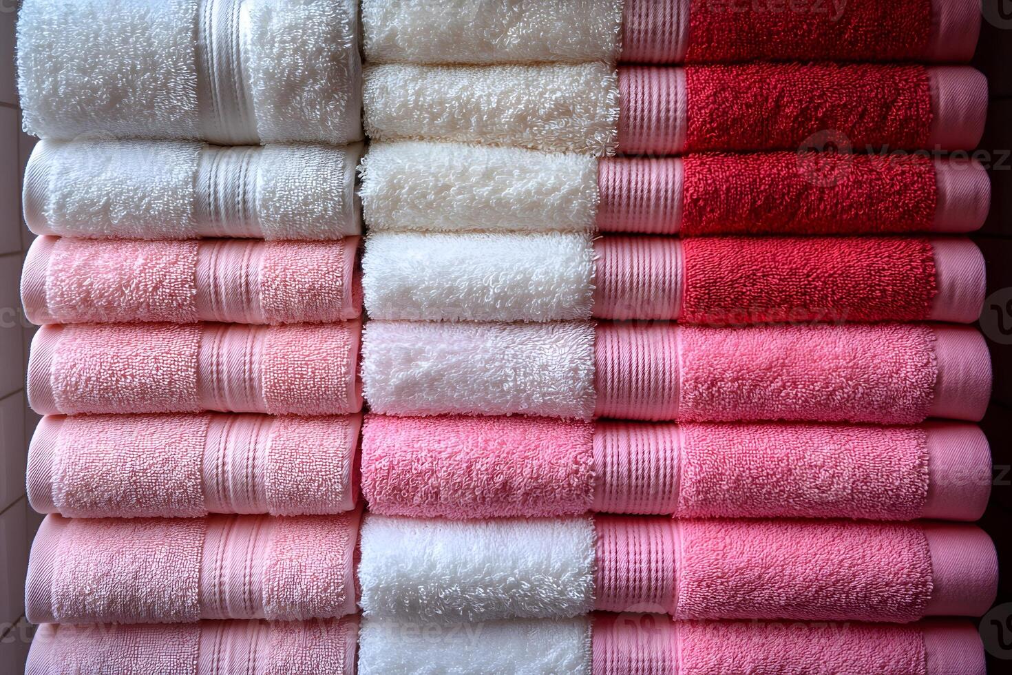 Colorful Towel Arrangement Shades of Pink and White for Home Decor Inspiration photo