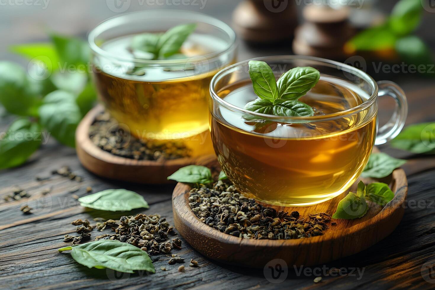 Refreshing Herbal Tea with Basil Leaves on Wooden Table - Perfect for Relaxation and Wellness photo