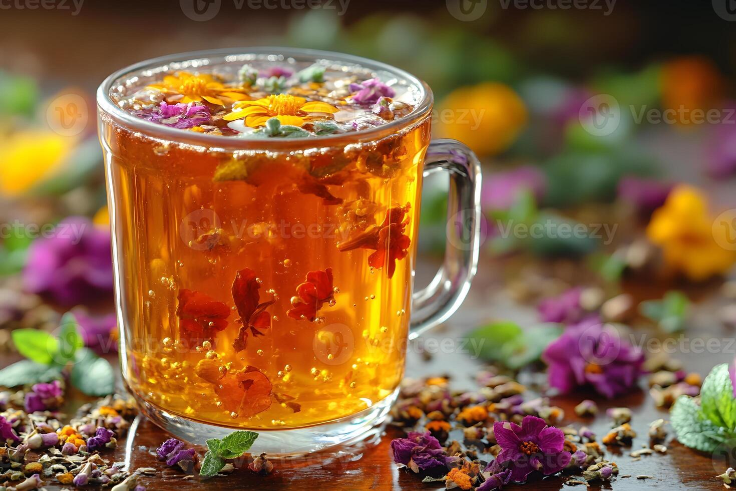 Floral Herbal Tea with Vibrant Blossoms and Fresh Mint for Refreshing Beverage Experience photo