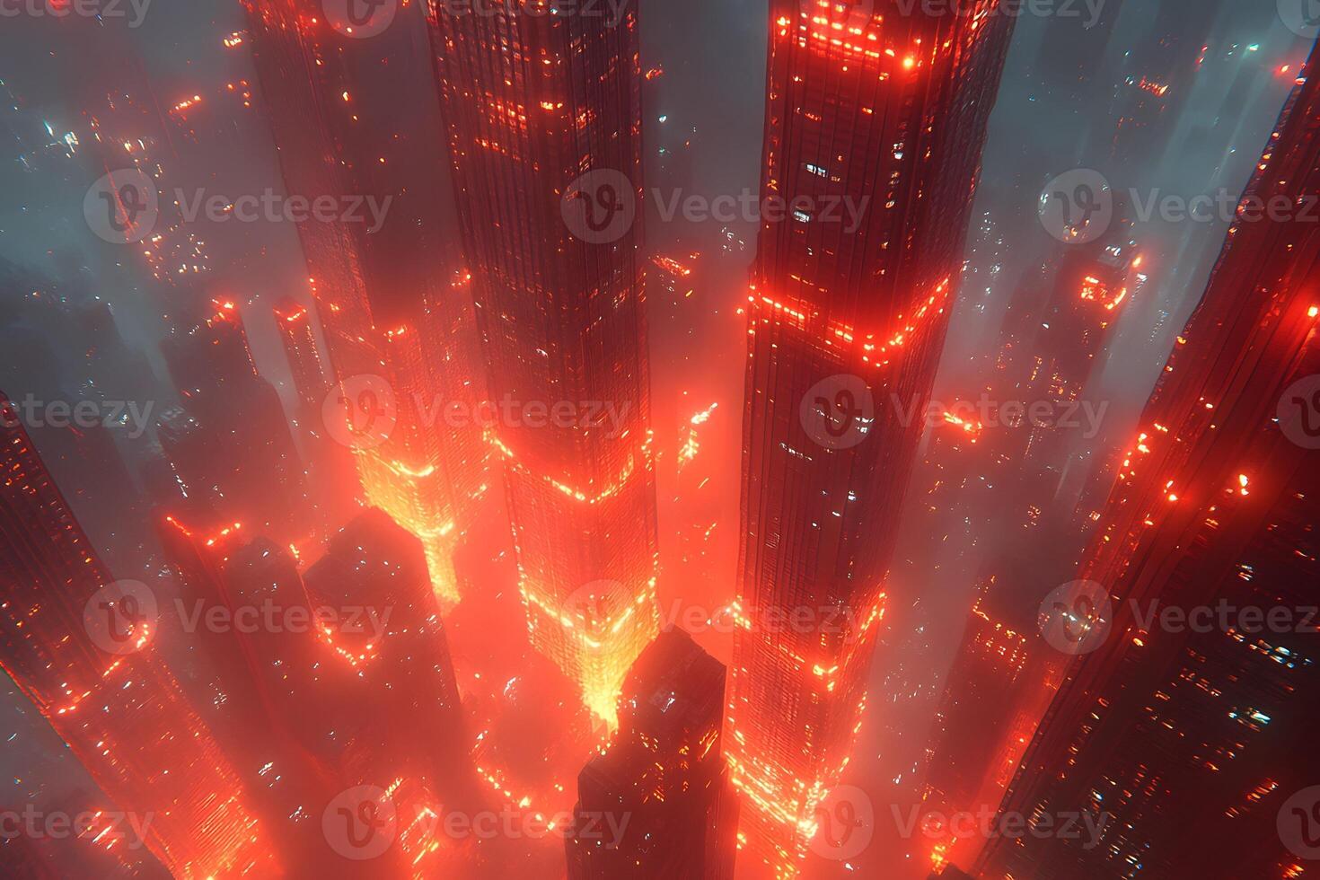 Futuristic Cityscape at Night with Illuminated Skyscrapers in Cyberpunk Style photo