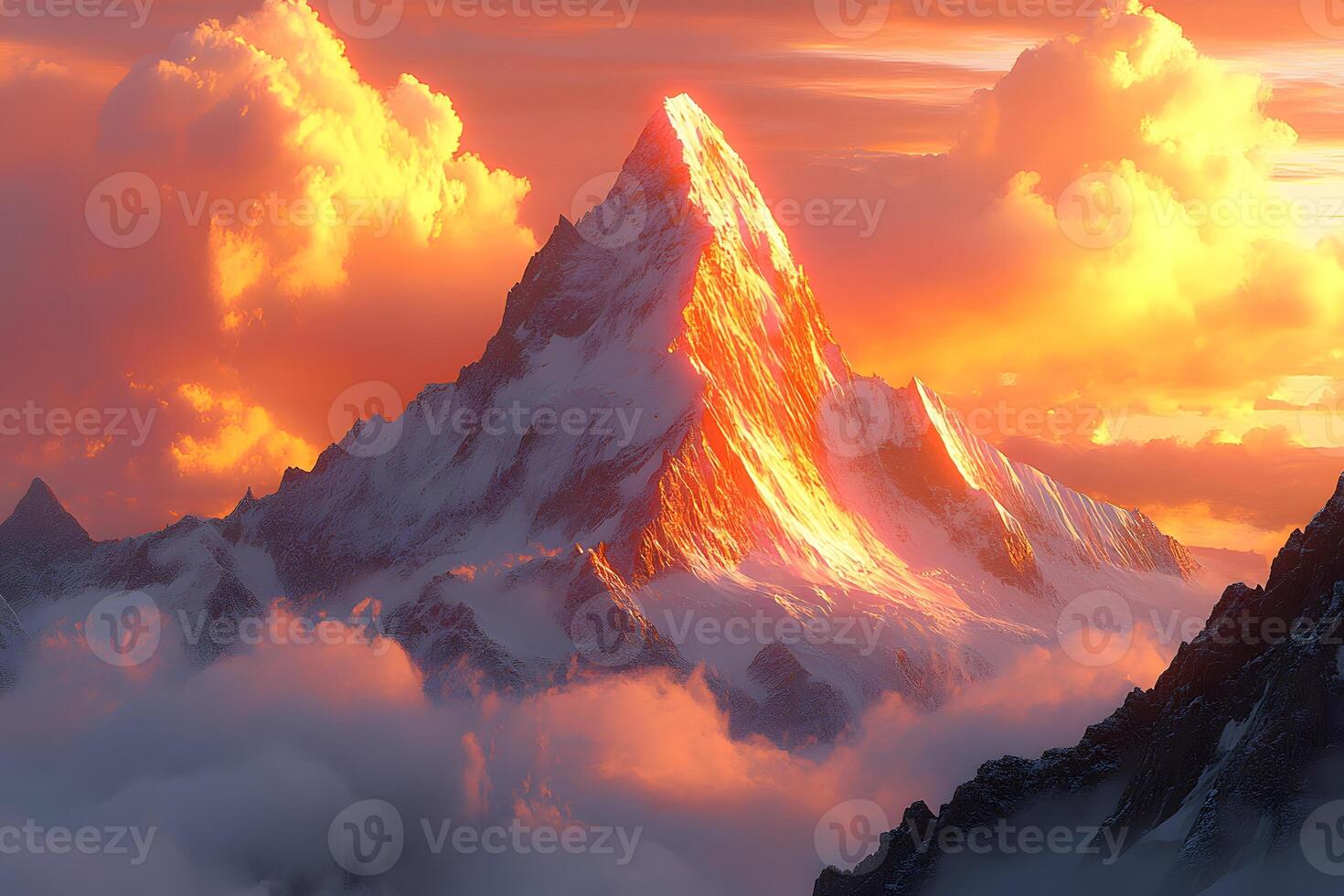 Awe-Inspiring Mountain Peak at Sunset with Dramatic Cloudscape for Nature Prints photo