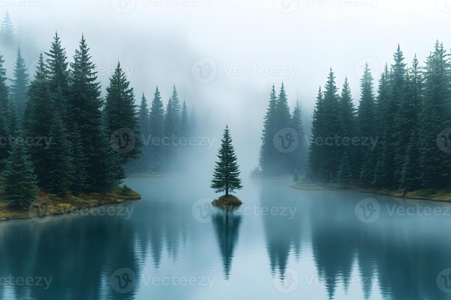Tranquil Misty Lake Surrounded by Evergreen Forest in Serene Mountain Landscape photo