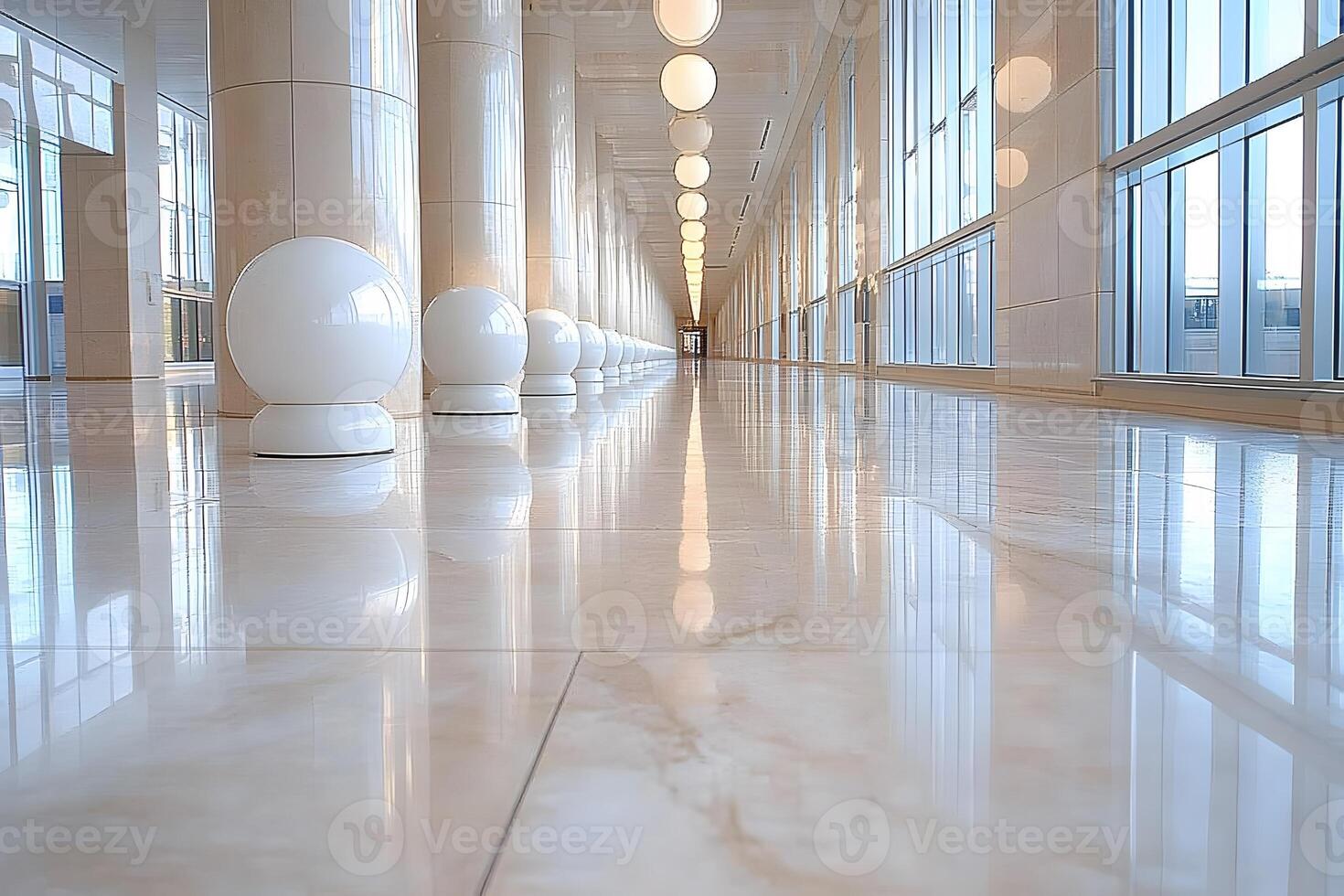Modern Architectural Corridor with Reflective Marble Flooring and Globe Lights photo