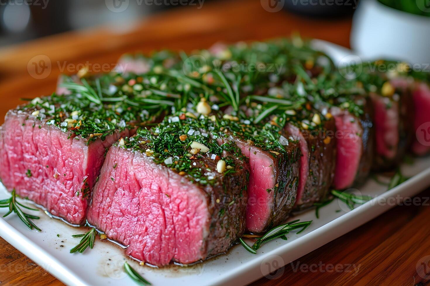 Herb-Marinated Rare Beef Steak Cuts with Fresh Rosemary for Culinary Presentations photo