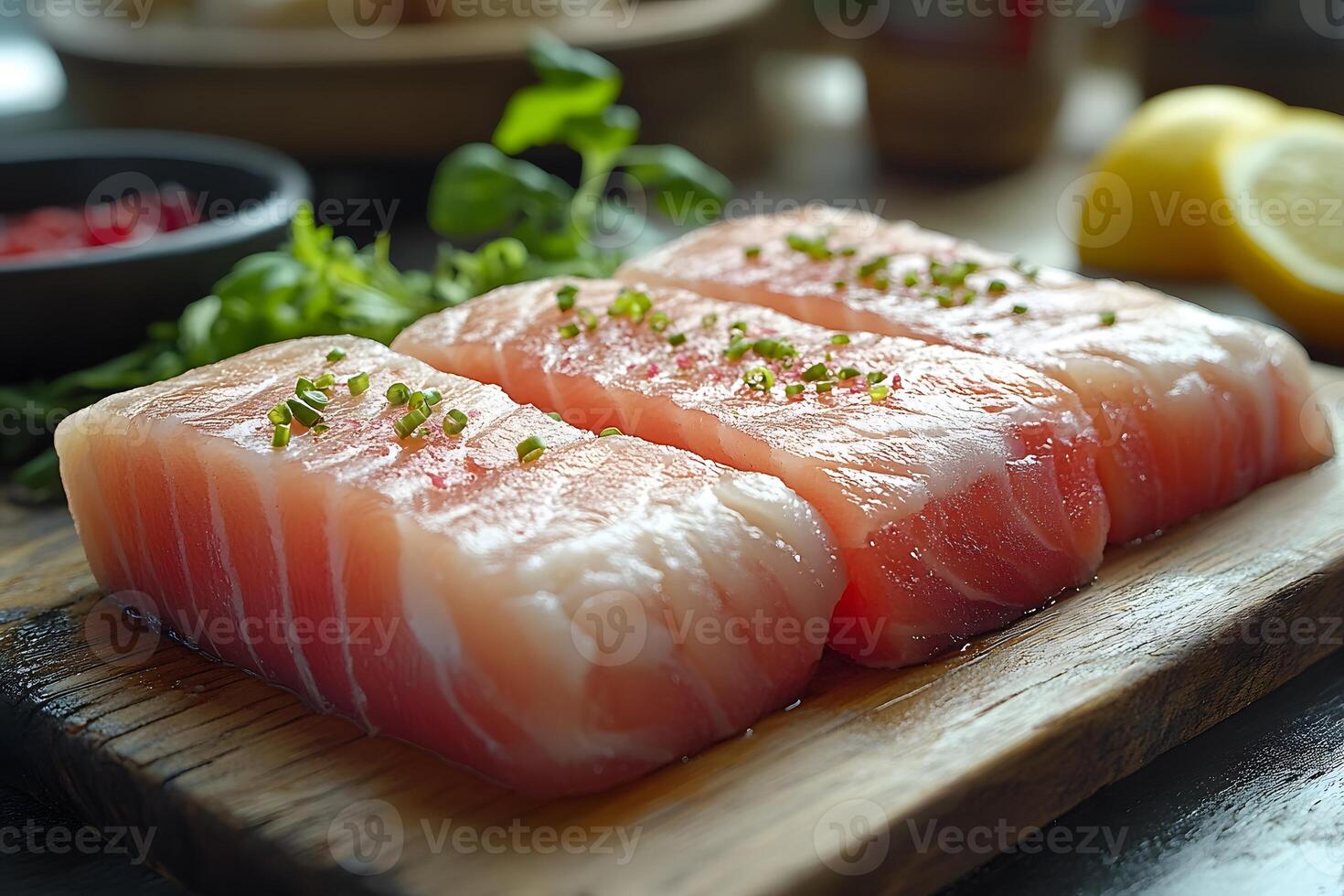 Gourmet Fresh Salmon Fillets on Wooden Board for Culinary Cooking and Restaurant Menus photo