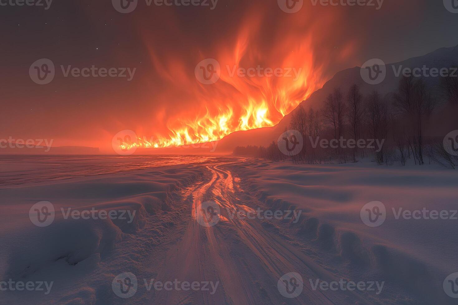 Winter Landscape with Dramatic Sunset and Snow-Covered Pathway photo