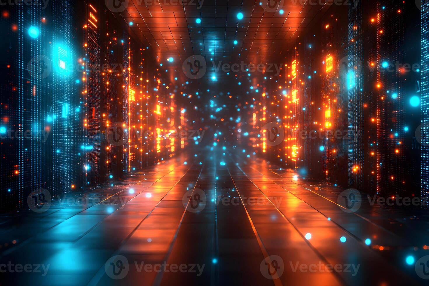 Futuristic Digital Corridor with Dynamic Lights for Technology Backgrounds and Designs photo