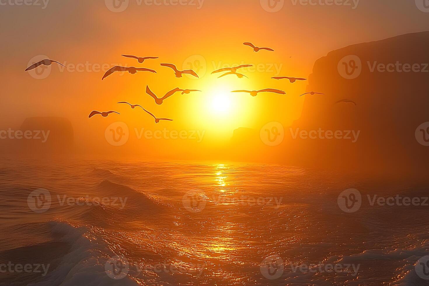 Golden Sunset Over Ocean Waves with Seagulls in Flight Nature's Serene Beauty photo