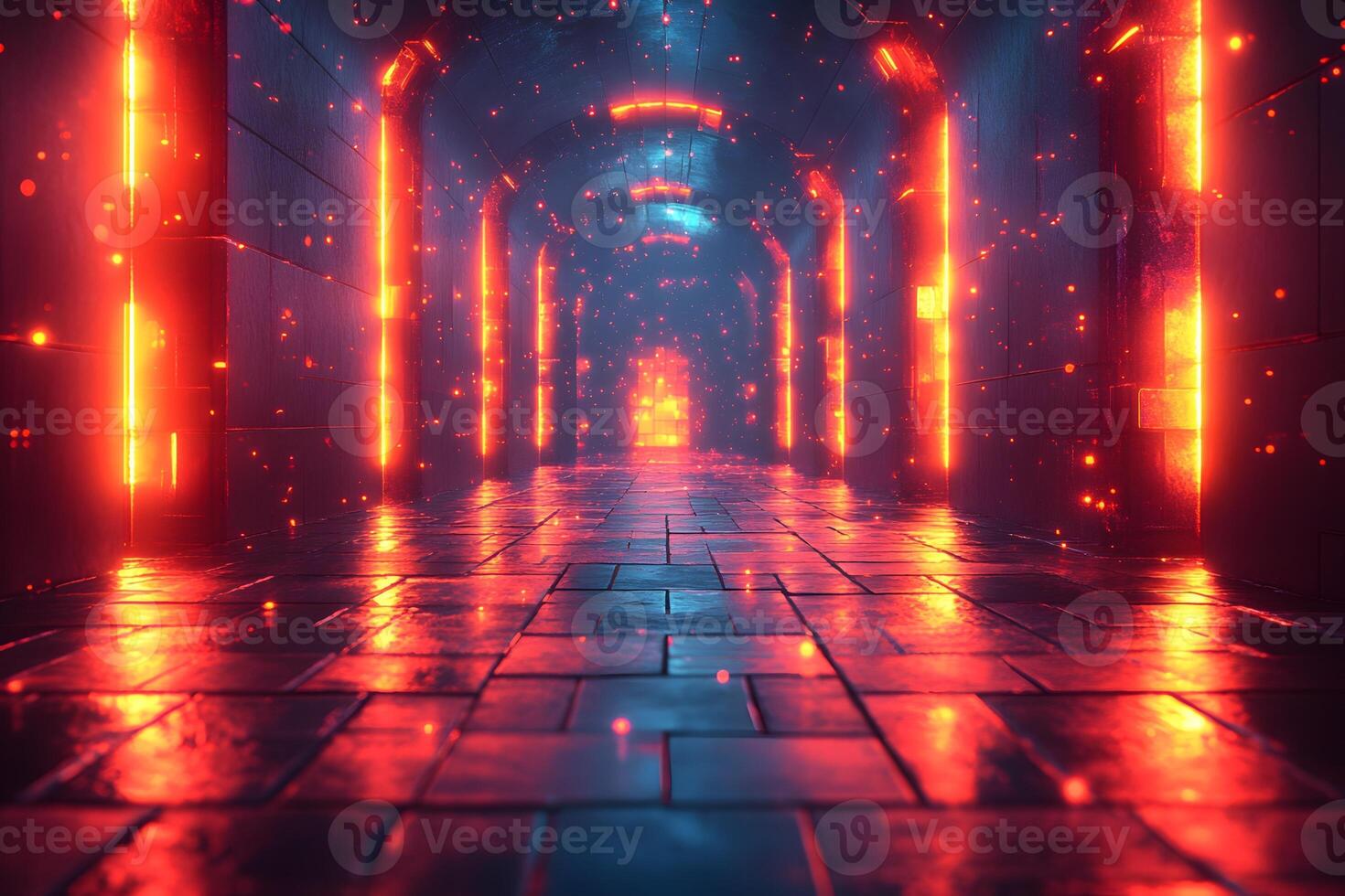 Neon Futuristic Corridor with Glowing Red and Blue Lights for Sci-Fi Design photo