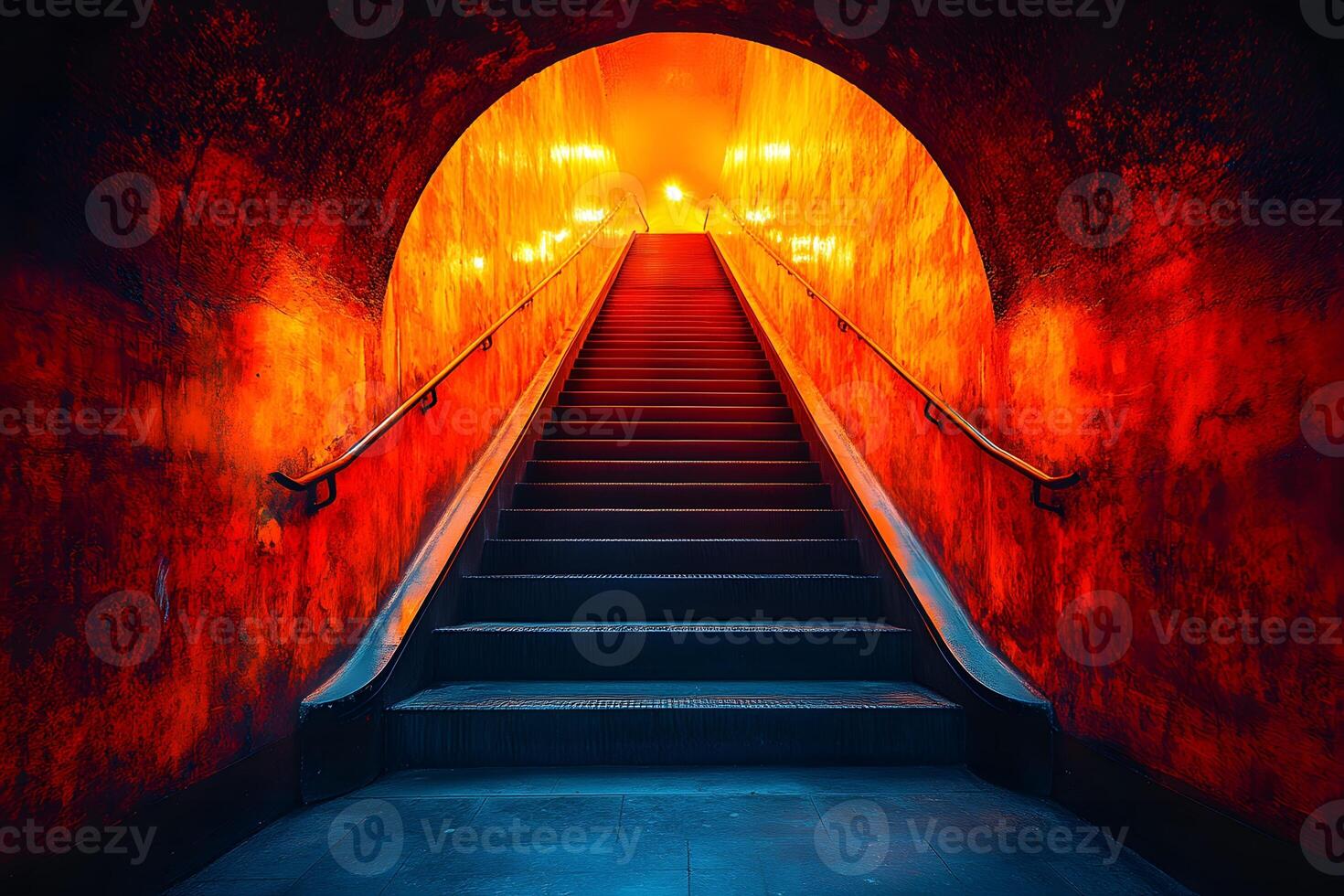 Staircase to the Unknown - Dramatic Red Tunnel Leading Upward in Urban Setting photo