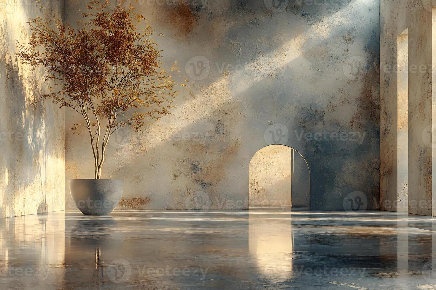 Serene Minimalist Interior with Sunlit Tree and Rustic Wall Design photo