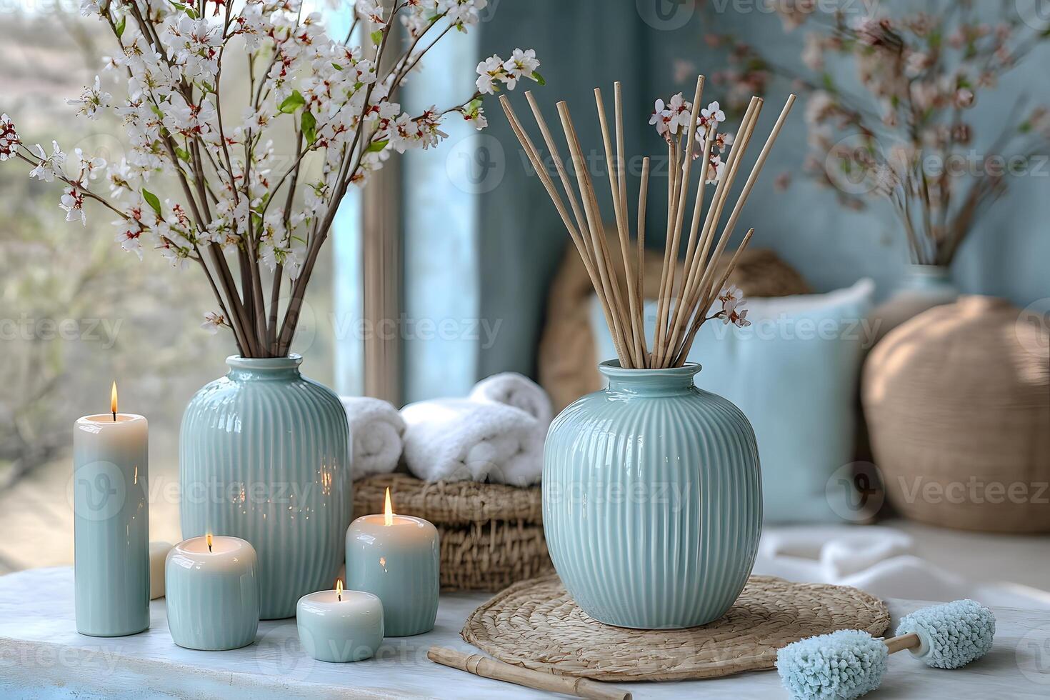 Serene Spa Setting with Cherry Blossoms and Candles for Relaxation and Decor photo