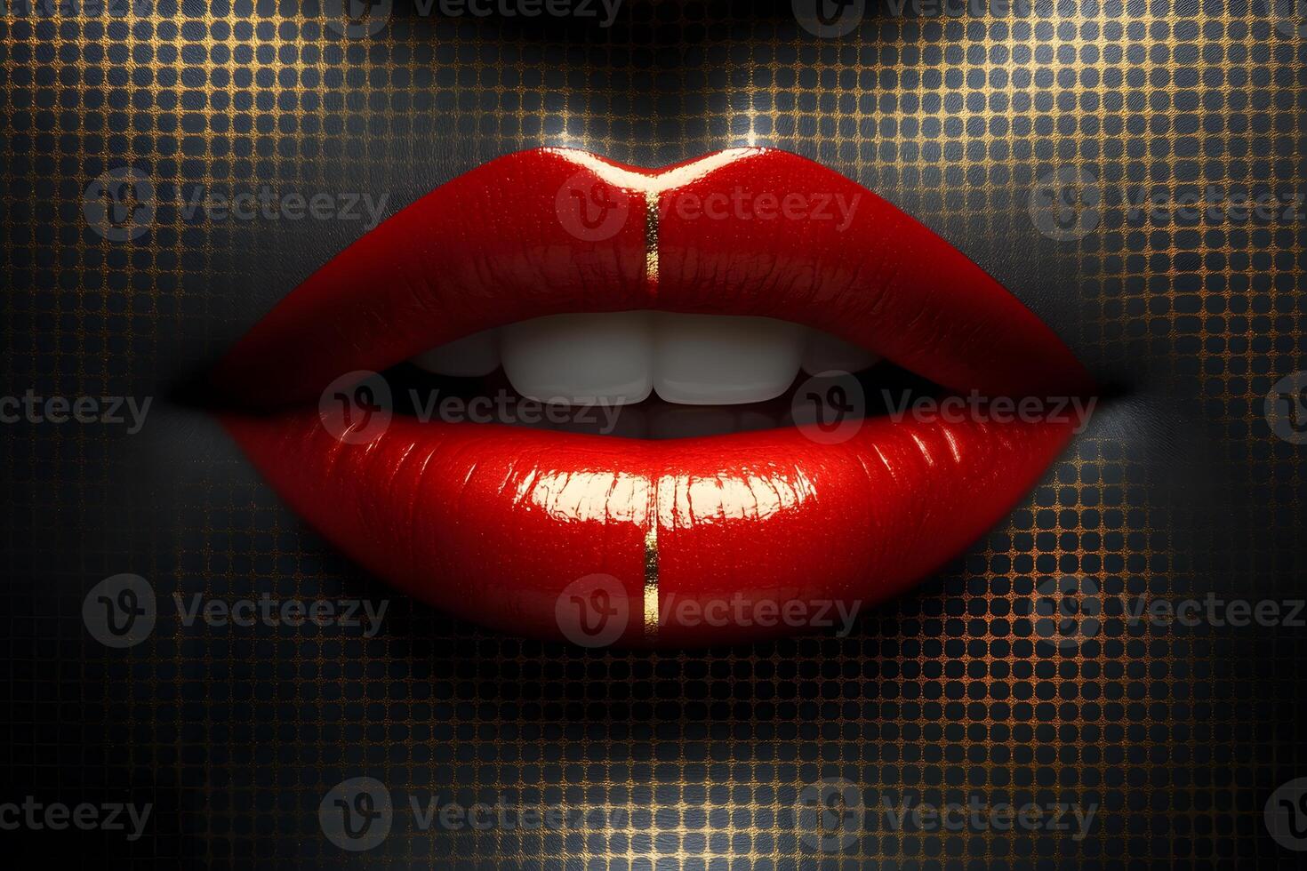 Bold Red Lips with Gold Accent on Metallic Dot Background for Fashion Design photo