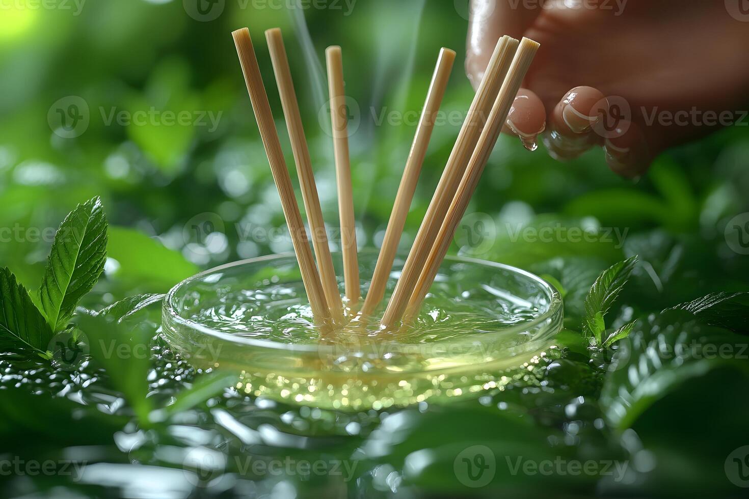 Aromatherapy with Diffuser Sticks in a Natural Green Setting for Relaxation and Wellness photo