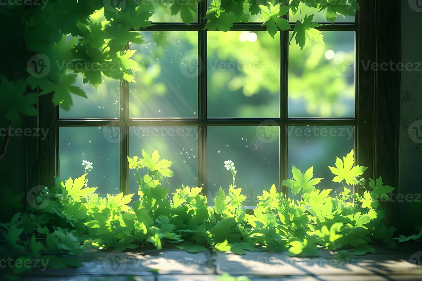 Serene Spring Morning Sunlit Leaves by a Window for Nature-Inspired Design photo