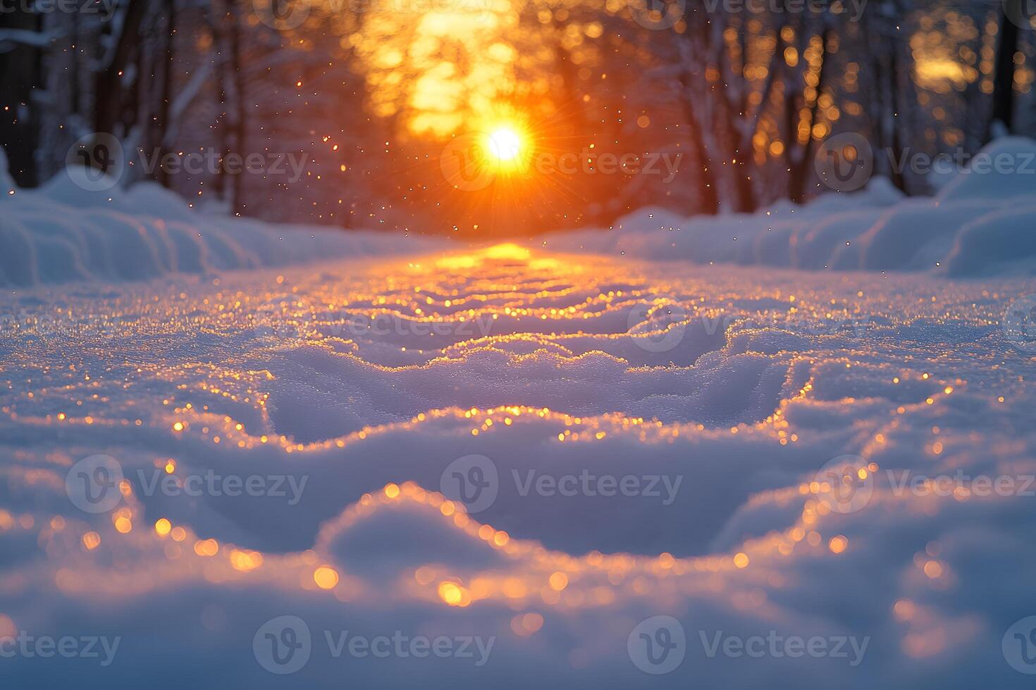 Golden Winter Sunrise Illuminating Snowy Path in Serene Forest Landscape photo
