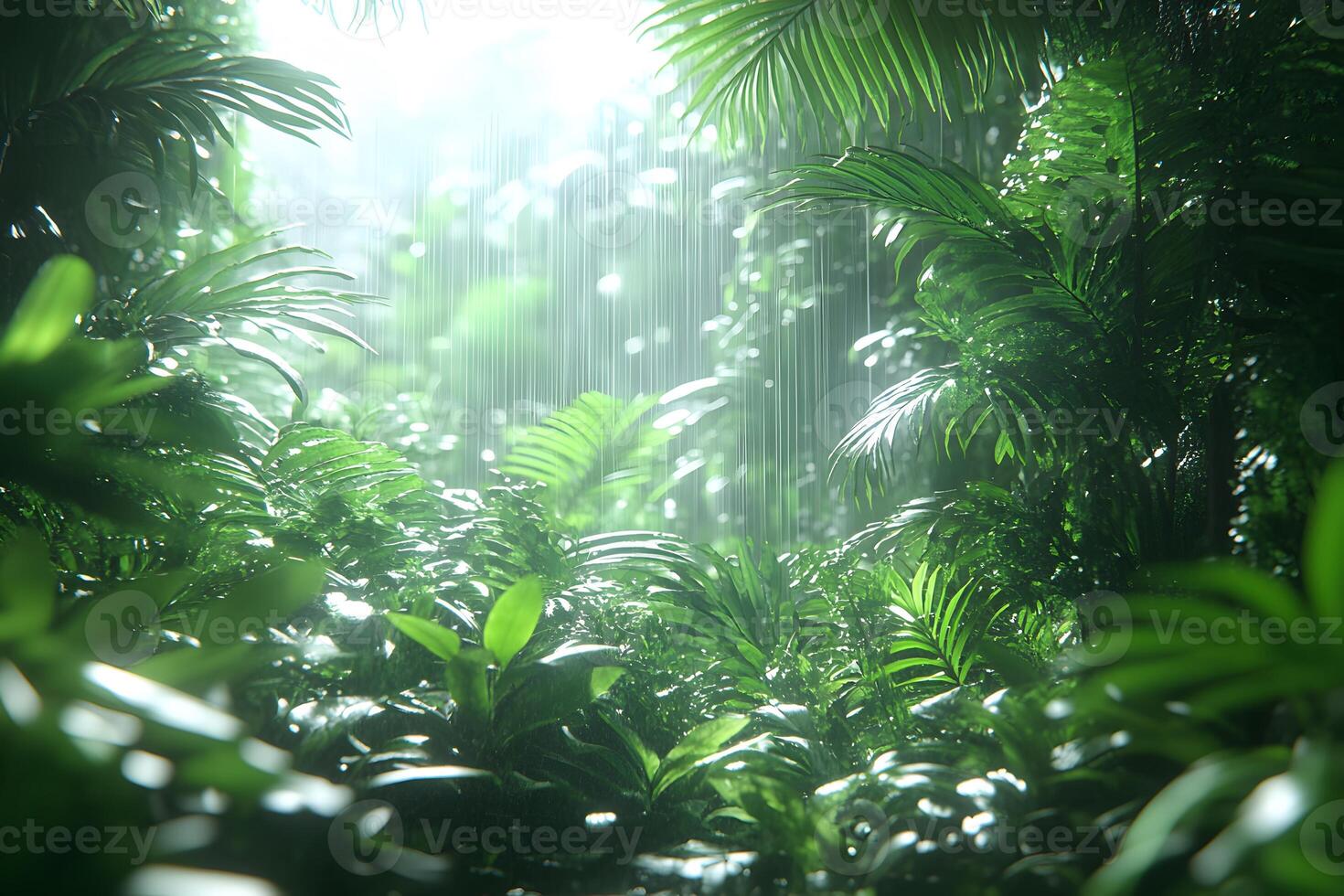 Lush Tropical Rainforest with Sunlight Filtering Through Dense Foliage photo