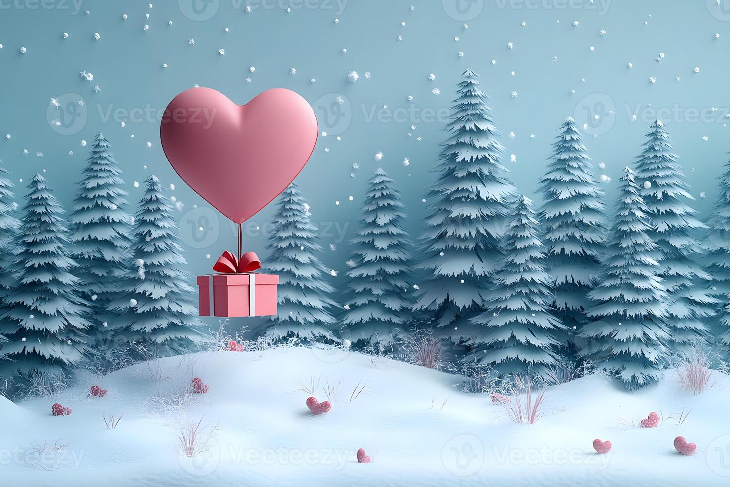 Valentine's Day Winter Scene with Heart Balloon and Gift Box in Snowy Forest Setting photo