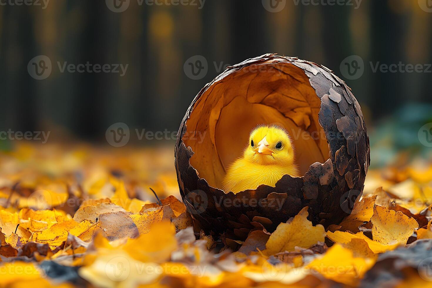 Autumn Nesting Cute Yellow Chick in a Rustic Shell Amidst Fall Leaves photo
