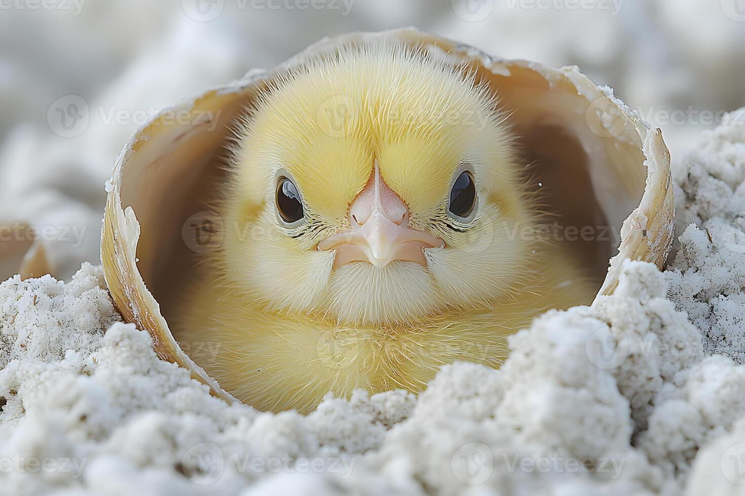 Adorable Yellow Chick Emerging from Eggshell in Springtime Setting photo