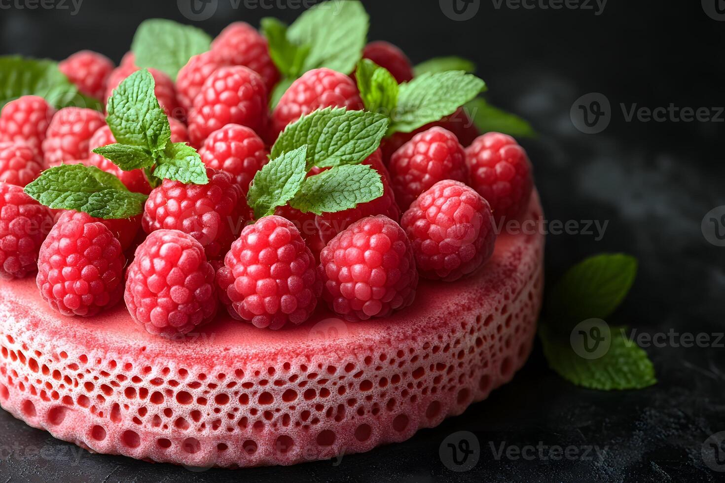 Fresh Raspberry Cake with Mint Leaves on Dark Background for Dessert Inspiration and Recipe Design photo