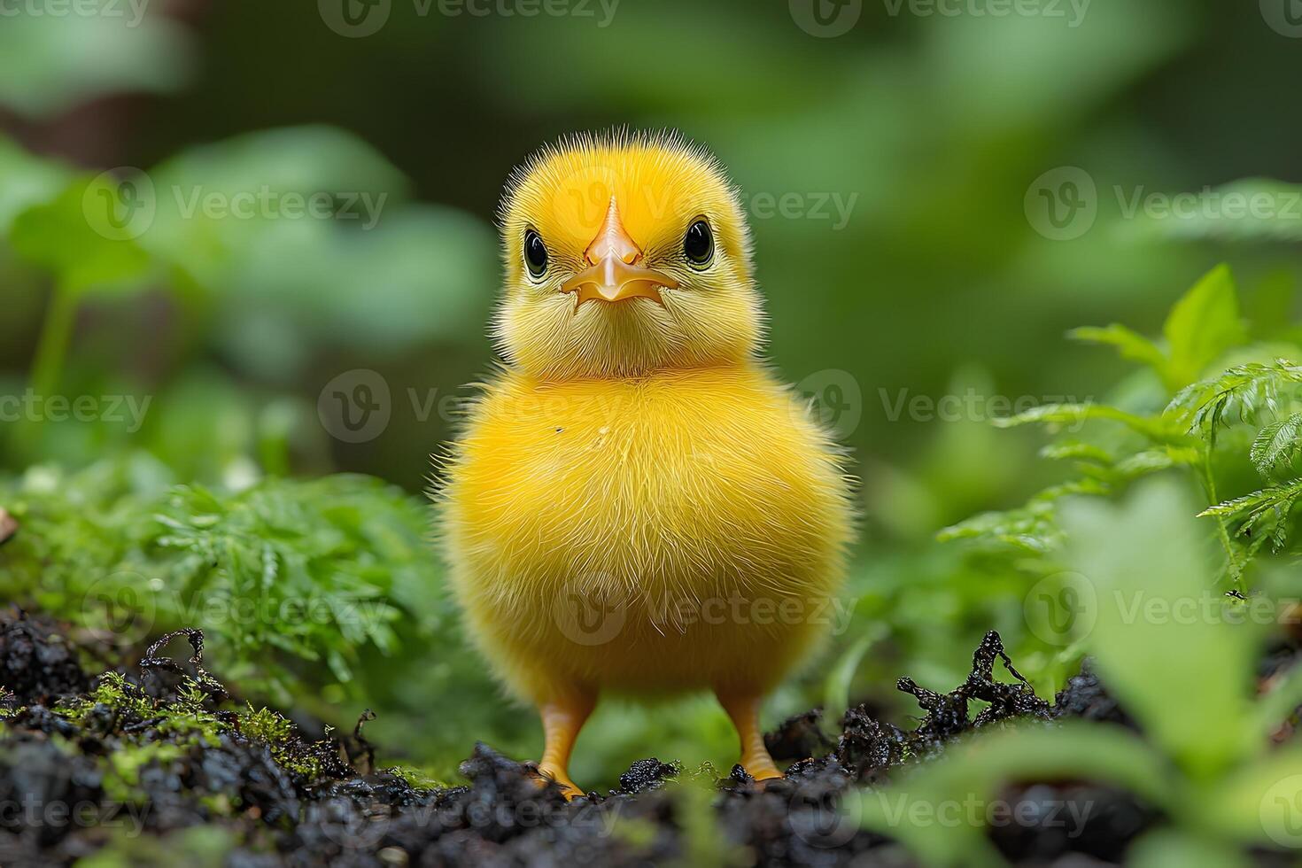 Adorable Yellow Chick in Lush Green Garden Setting for Spring-Themed Decor photo