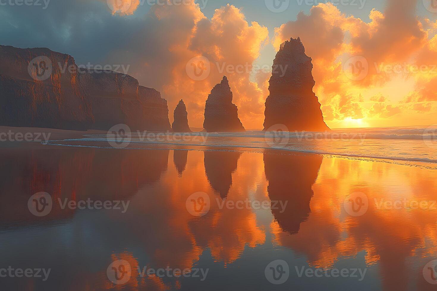 Sunset Over Sea Stacks and Cliffs with Stunning Reflections on Ocean Shoreline photo